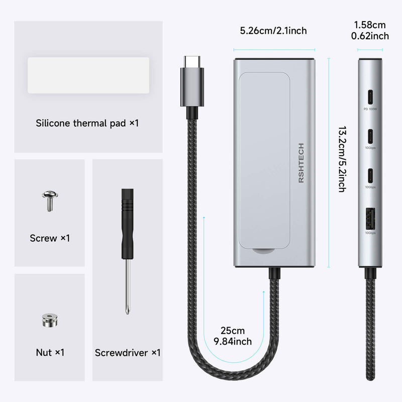 RSHTECH 5-in-1 USB C Hub with M.2 NVMe/SATA SSD Enclosure | 10Gbps USB Data Ports (1A + 2C) and 100W Power Delivery, Aluminum USB-C Dock Dongle for MacBook, Laptops, RSH-D05P Silver