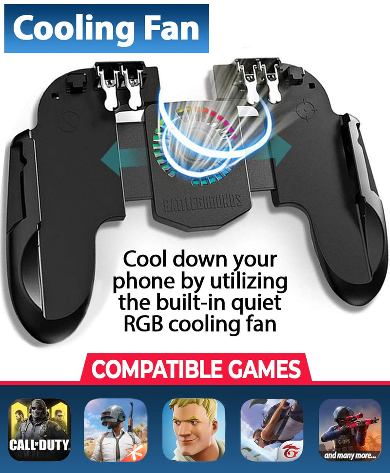 4 Trigger Mobile Game Controller with Cooling Fan Adjustable Stand for PUBG/Call of Duty/Fotnite [6 Finger Mode] GAMR+ L1R1 L2R2 Gaming Grip Gamepad Black