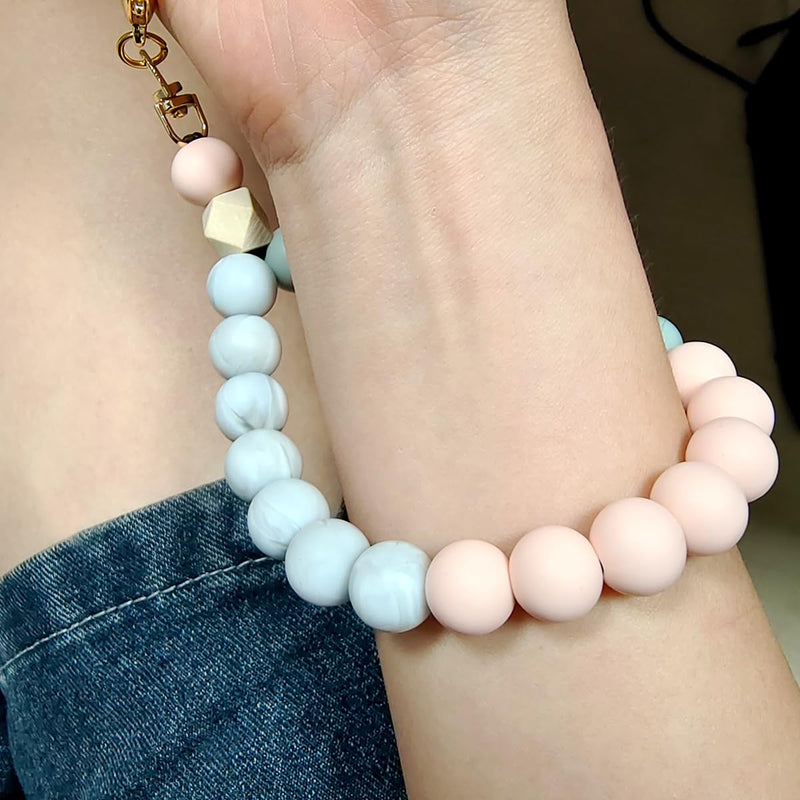 Marble Silicone Beaded Phone Wrist Strap, Cellphone Lanyard with Tether Tab, Elastic Hands-Free Wristlet Bracelet Pink