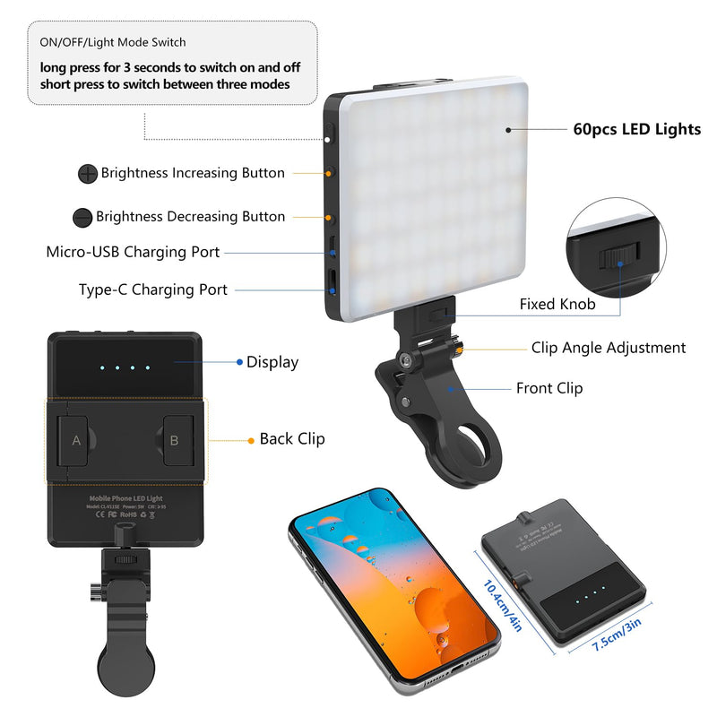 Selfie Light, Phone Light with Front & Back Clip, 60 LED Portable Light with 3 Light Modes, 5000mAh Rechargeable Video Light for Phone, iPhone, IPad, Laptop, TikTok, Makeup, Live Stream, Vlog Black