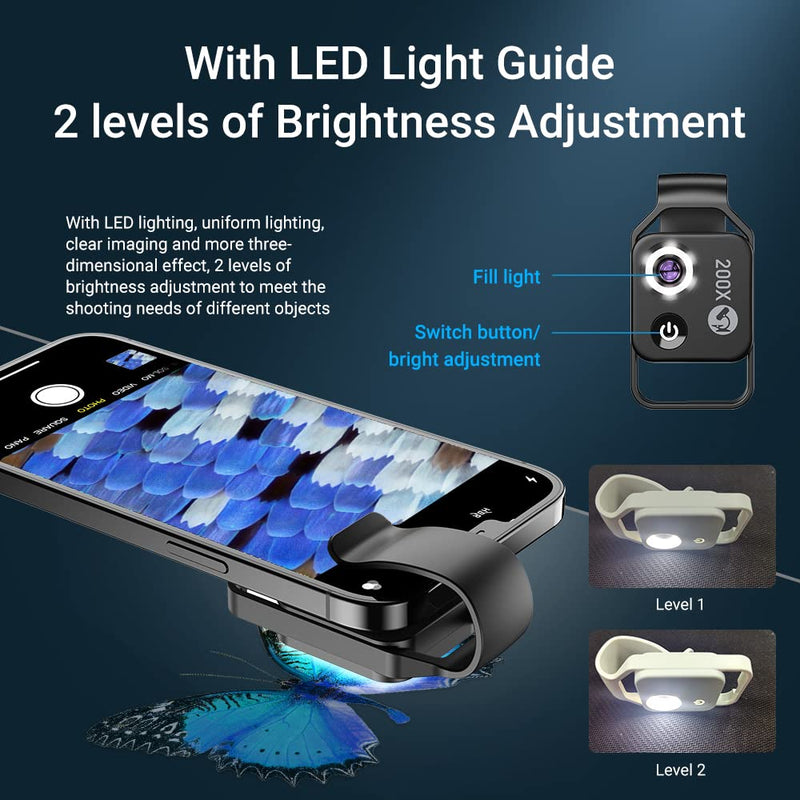 200X Magnification Microscope Lens withCPL Mobile LED Light Micro Pocket Macro Lenses for iPhone Samsung All Smartphones (Black Without CPL) Black without CPL