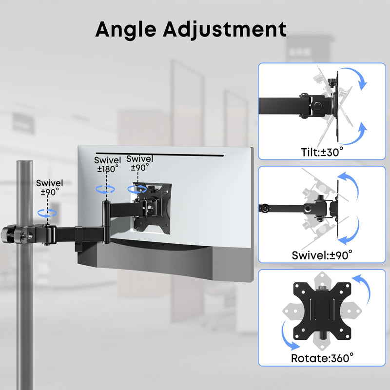 Pole Mount Monitor Arm for 17-32" Screens,17.6 lbs, VESA 75/100mm | Easy Clamp-on VESA Mount , Perfect Solution When Wall or Desk Mounting Isn't Possible, Black