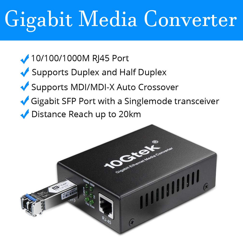 A Pair of Gigabit Single Mode LC Fiber Media Converter, with 2 Pcs SFP LX Modules, 1.25G/s Fiber to Ethernet Converter, 1000Base-LX to 10/100/1000base-TX, SFP to RJ45, SMF, 1310nm, up to 20km Standard Single Mode: 20km