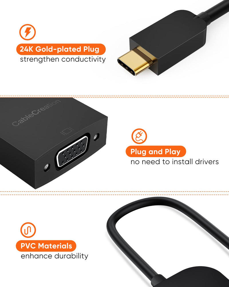 USB C to VGA Adapter 1080P@60Hz, CableCreation Type C to VGA Converter Thunderbolt 3/4 Compatible with MacBook Pro 2020/2018, Mac Mini, Surface Book 2, Dell XPS 13/15, iPad Pro 2020, Galaxy S20/S10 Black+Plastic Shell