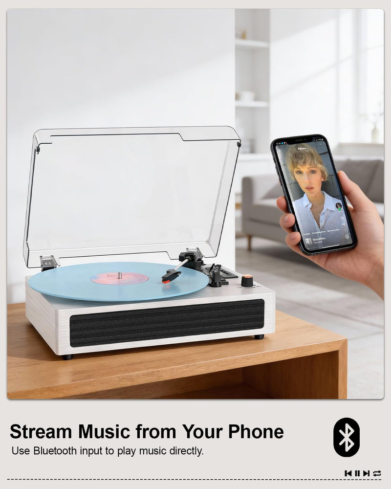 Vinyl Record Player Bluetooth Turntable, 3-Speed Retro Vinyl Player with Built-in Speakers,AUX in, Auto Stop,USB Recording, Belt-Drive LP Player White