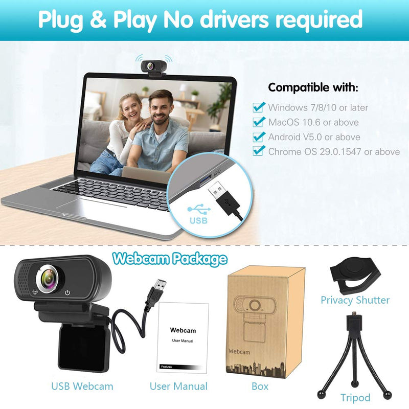 Webcam HD 1080p ,Live Streaming Web Camera with Stereo Microphone, PC Desktop or Laptop USB Webcam with 110 Degree View Angle, HD Webcam for Video Calling, Recording, Conferencing, Streaming, Gaming Black