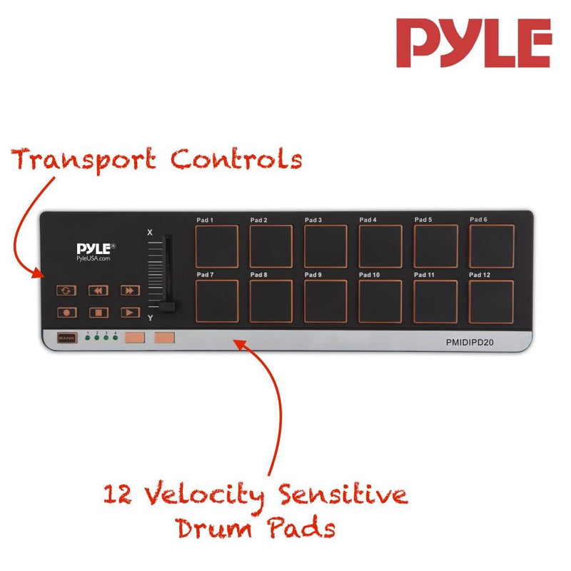 USB MIDI Controller Drum Pad - Upgraded Mini Portable Beat Maker Workstation Equipment w/12 Drum Pads, DJ Fader Slider & Transport Buttons - Control any DAW Software Kit - Pyle PMIDIPD20_0