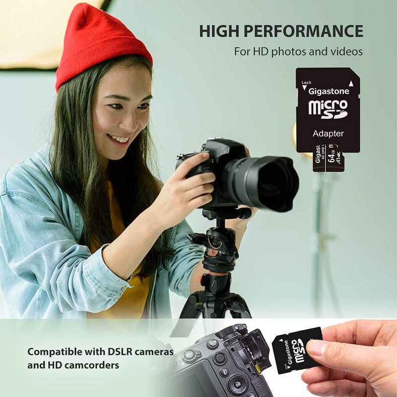 [Gigastone] 64GB 5-Pack Micro SD Card, 4K UHD Video, Surveillance Security Cam Action Camera Drone Professional, 90MB/s Micro SDXC UHS-I A1 Class 10, with Adapters MSD 64-1-5PK