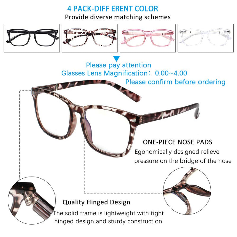 Henotin 4-Pack Blue Light Blocking Reading Glasses Women Men,Spring Hinge Computer Readers,Anti UV Ray Square Nerd Eyeglasses (Mixed Color, 0.00, Diopters) Mixed Color 0.0 Diopters