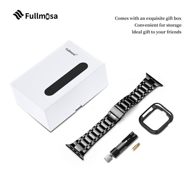Fullmosa No-Tool Needed Compatible Apple Watch Band with Case 49mm 45mm 44mm 42mm Black & Stainless Steel iWatch Band with Case 49mm 45mm 44mm 42mm Black