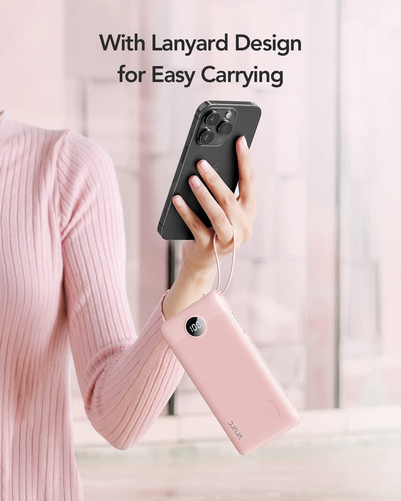 VRURC Portable Charger 10000mAh, Slim LED Display Power Bank, 5 Output 2 Input Cell Phone Battery Pack, Built-in Micro & USB C Cables Phone Charger Compatible with iPhone,Samsung,Android-Pink(1 Pack) Pink