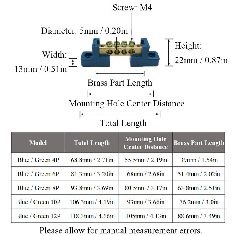 10 Positions Green, Clamp Ground Rail Screw Block: Barrier Brass, Electrical Distribution Bus Bar Block for Car, Boat, Marine, RV, Yacht, Ship Power Distribution 10 Positionen