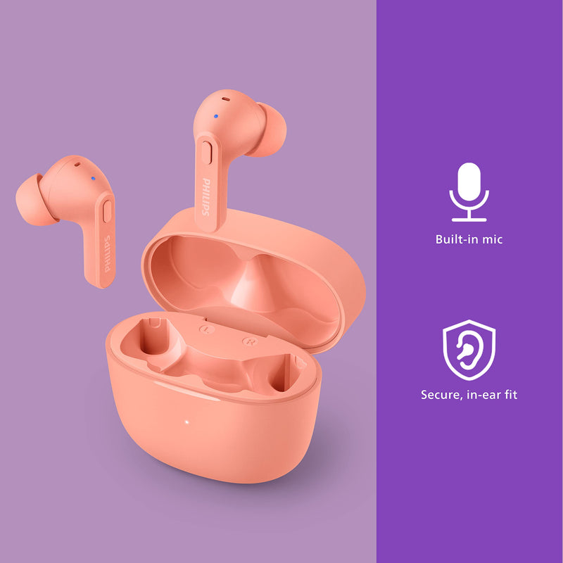 Philips T2206 True Wireless Headphones with IPX4 Water Resistance and Super-Small Charging case Peachy Pink One size fits all In-Ear with Tip