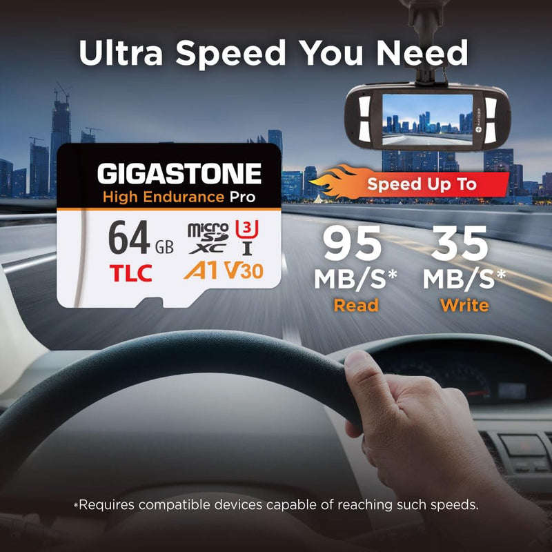 【5 Yrs Free Data Recovery】【Dash Cam】 GIGASTONE 64GB Micro SD Card, TLC High Endurance Pro, Speed Up to 95MB/s, Compatible with REDTIGER Rove VIOFO VANTRUE PRUVEEO ARIFAYZ, MicroSDXC UHS-I A1 V30 U3 64GB High Endurance Pro 1-Pack