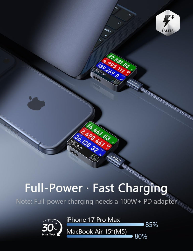 LISEN 200W Car Charger USB C Fast Charge [GaN] PD 140W Fast Car Charger | USB C, Cigarette Lighter Adapter for Multi Device, for iPhone 17 16 15 14 13 12, MacBook Pro, Laptop, iPad, Samsung S26 S25