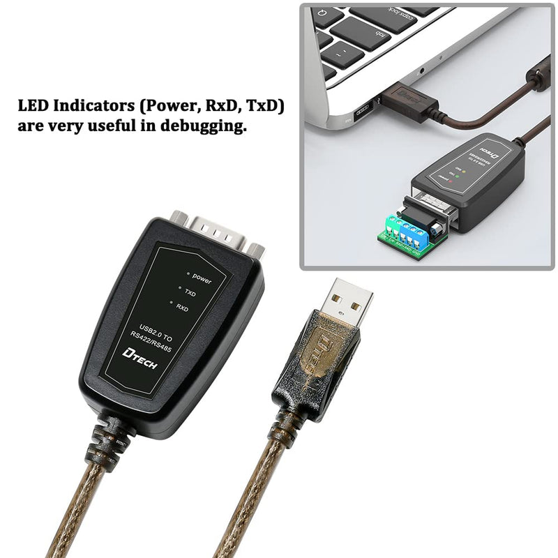 DTECH USB to RS485 Adapter RS422 Serial Port Cable with CP2102 Chip Terminal Board LED Lights Ferrite Core for Windows 11 10 8 7 XP Mac (5 Feet) (Pack of 2) 5ft (Pack of 2)