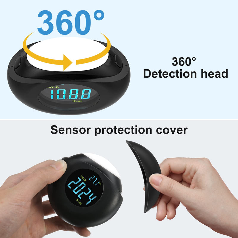 [AUSTRALIA] - Light Meter Digital Illuminance Meter Handheld Ambient Measurer with 360° Detector, Measurer with Range up to 200,000 lux with LCD Display, Light Meter for Factories, Warehouses, Offices balck 