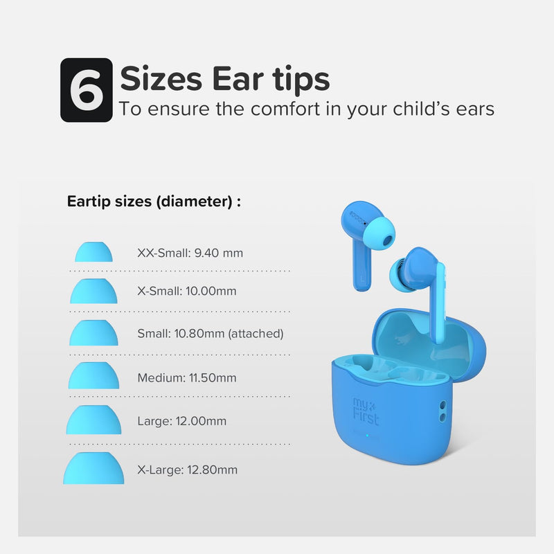 myFirst Carebuds Kids Earbuds 85dB Volume Limit for Small Ears | Anit-lost strap, 6 size ear tips, built-in mic, school travel airplane, for kids ages 3-12, boys and girls, birthday gift Blue