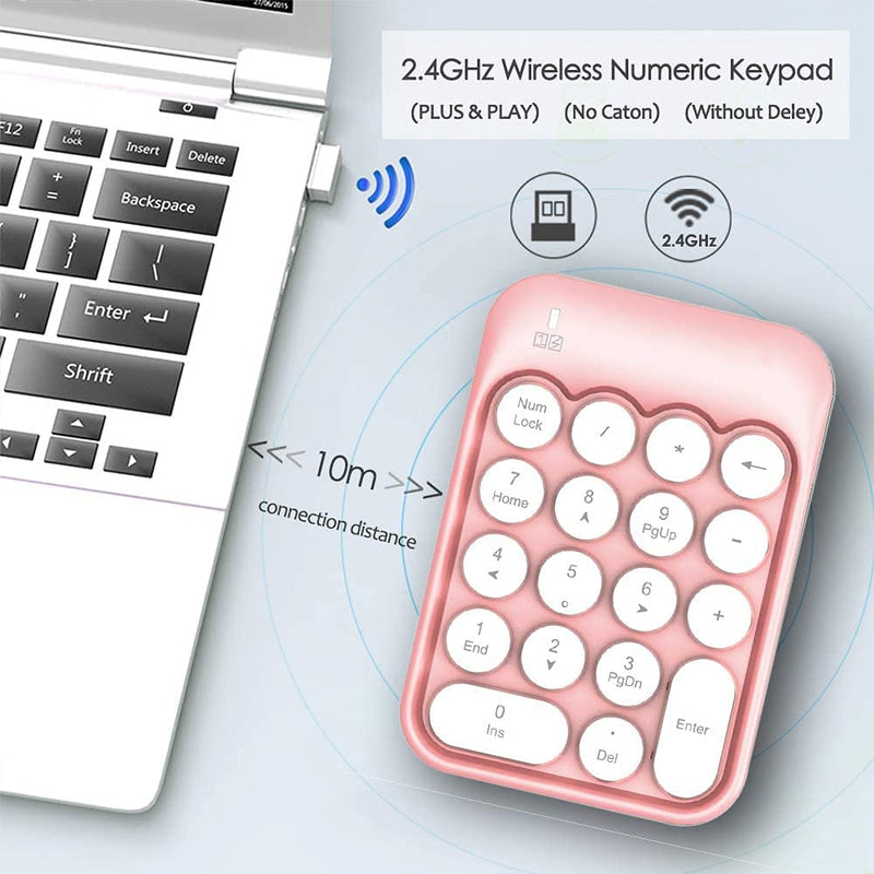 Wireless Numeric Keypad 18 Keys with 2.4G Mini Portable Silent Number Pad USB Receiver Financial Accounting Keyboard Extensions for Laptop Desktop PC Pro（Pink） Pink