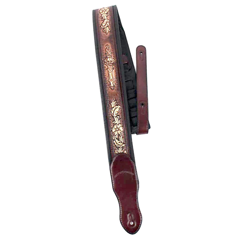 Walker & Williams KB-02-BRN Rustic Brown Carved Leather Padded Guitar Strap With Floral Skull & Christian Cross For All Acoustic, Electric And Bass Guitars