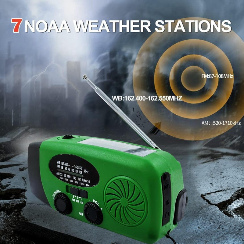 2000mAh Weather Emergency Radio, Portable Solar AM/FM/NOAA Hand Crank Radio, Cell Phone Charger with SOS, 1W LED Flashlight, Headphone Jack, Power for Emergency Preparedness (2000mAh Green)