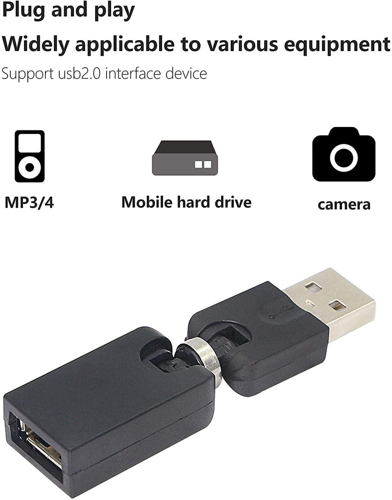 GELRHONR Swivel USB Adapter, Rotatable USB 2.0 Type A Male to Type A Female Extension Connector 360 Degree Rotation Adjustable Right Angle Extension Adapter Converter(Black- 2 Pack)