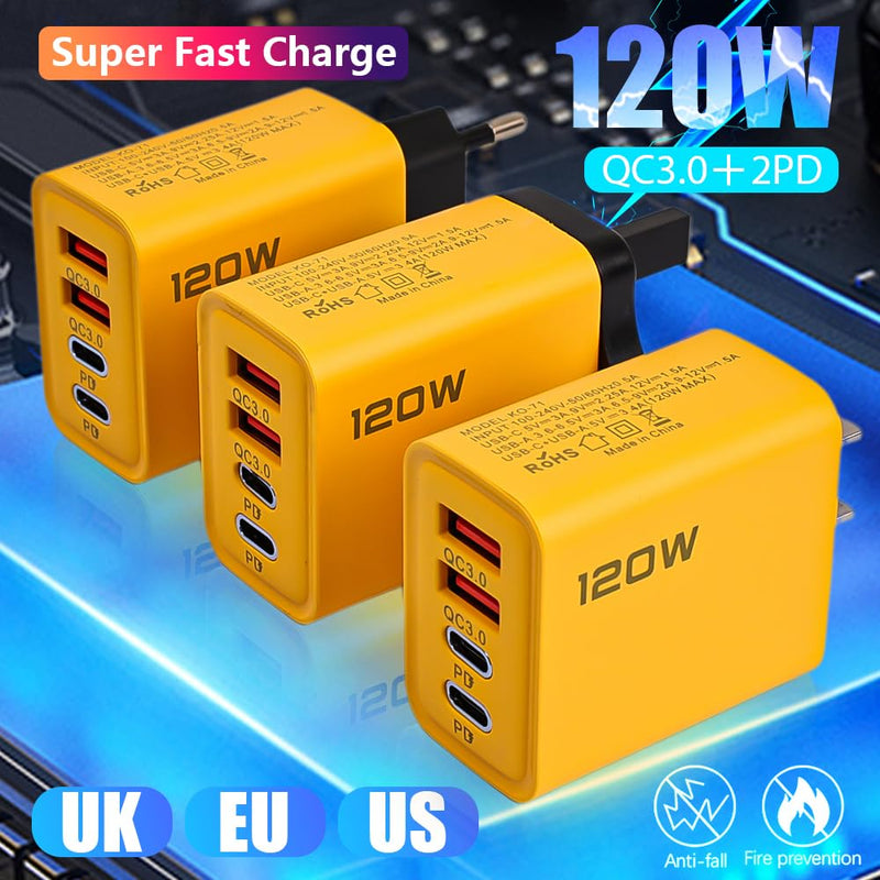 Mini 120W Charger with 4 Ports USB 3.0 Type C PD Fast Charging Power Adapter for iPhone Samsung,Non-Battery (US,3x4.3x8.8cm) US,3x4.3x8.8cm