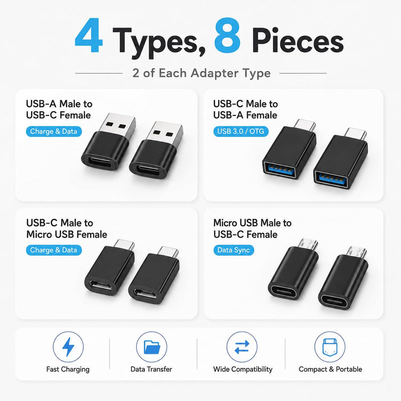 8pcs USB to USB C Adapter, Micro USB to USB C Female Male Converter Connector for Laptop Car Smartphone Headphone Mic PC (8pcs) 8pcs