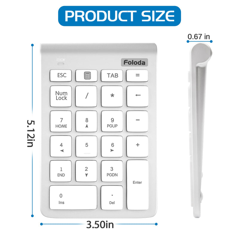 Wireless Number Pad, Portable 2.4Ghz USB 10 Keys Financial Accounting Numeric Keypad Data Entry Numpad for Laptop, PC, Desktop White