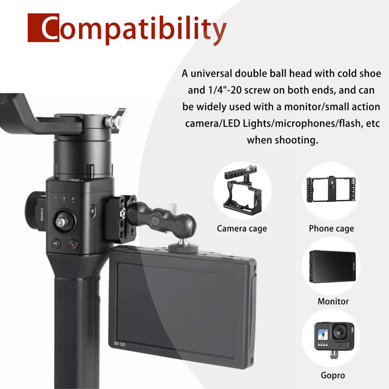 Mini Magic Arm Multi-Function Double Ball Head with Cold Shoe Mount and 1/4’’-20 Screw for Monitor, LED Light, Microphone, Max Load up to 2kg/4.4lb - 2 Pieces