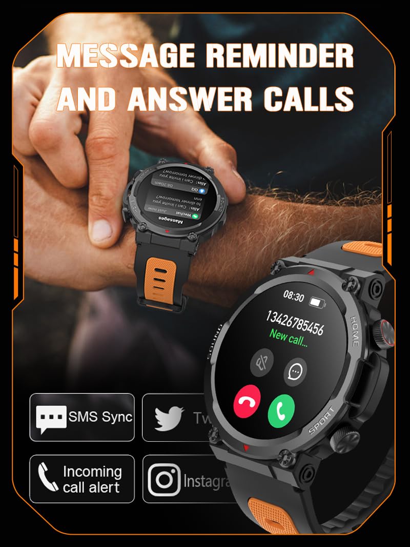Loluka Military Smart Watches for Men Tactical Smartwatch Make Answer Calls Heart Rate Monitor Fitness Tracker for Exercise Data 100+ Sport Modes Compatible with Android iOS black