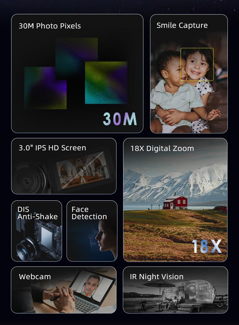 ORDRO Video Camera Camcorder Full HD 1080P 30FPS 30MP, IR Night Vision Vlogging Camera Recorder for YouTube 3.0 Inch IPS Screen 18X Zoom Camcorders with 16G SD Card, 2 Batteries Remote Control