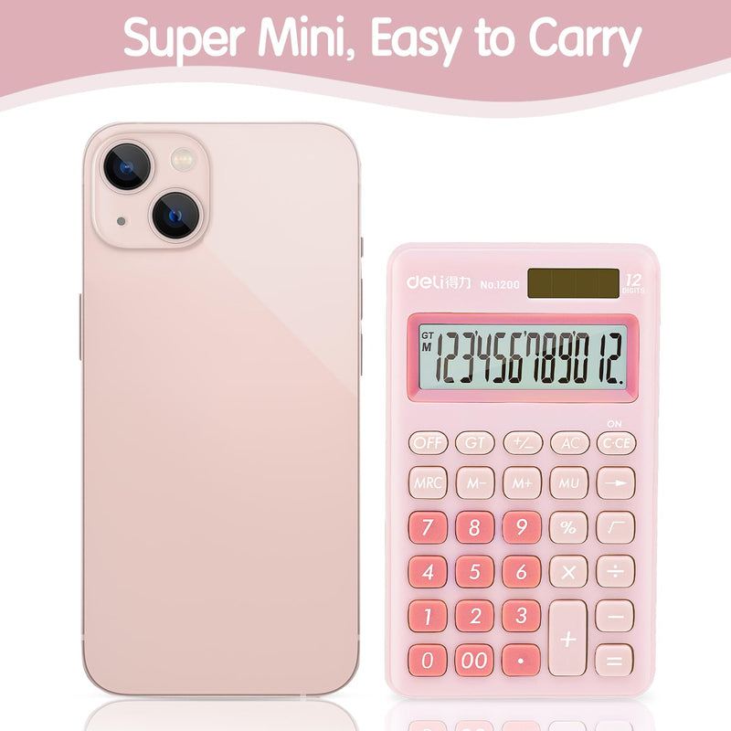 deli Standard Function Basic Calculator, 12 Digit Desktop Calculator with Large LCD Display, Solar Battery Dual Power Office Calculator, Pink Small Pink