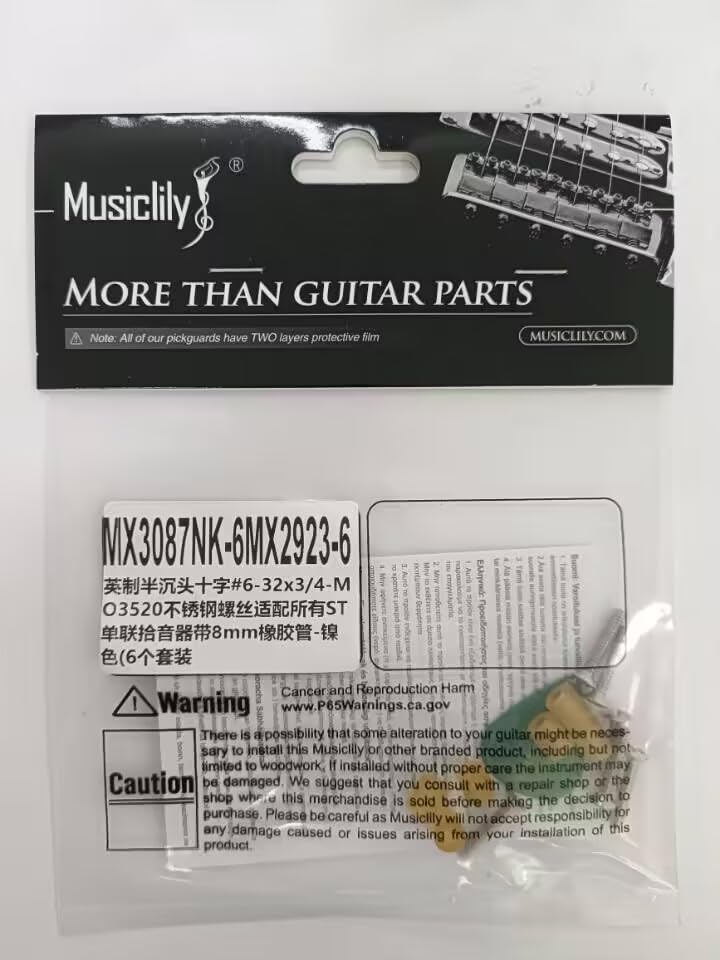 Musiclily Ultra UNC#6-32X3/4 Inch Stainless Steel Single Coil Pickup Mounting Screws and Rubber Tubing Set for USA/Mexico Fender Strat Style Electric Guitar, Nickel (Set of 6)