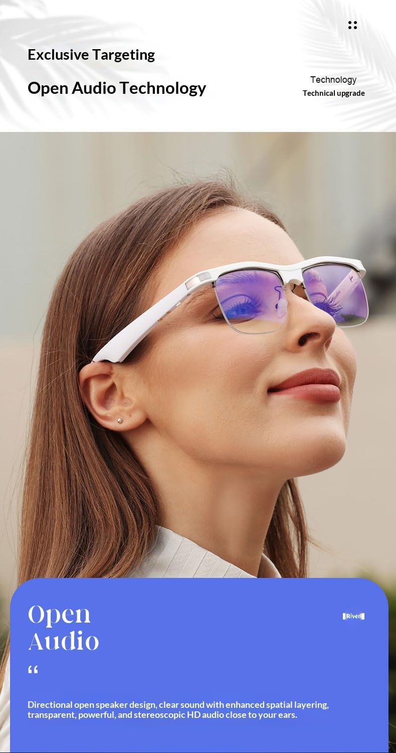 BLUETOGLASSES Smart Audio Sunglasses, Open-Ear Bluetooth 5.3 Glasses for Music & Calls, HD Stereo, Blue Light Protection, Wayfarer Style, White (Black) Black