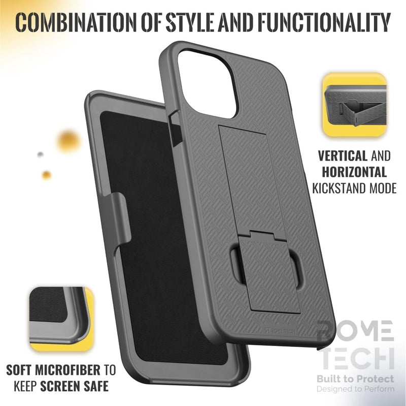 Rome Tech Holster Case with Belt Clip for Apple iPhone 13 6.1" (2021) - Slim Heavy Duty Shell Holster Combo - Rugged Phone Cover with Kickstand Compatible with iPhone 13 - Black