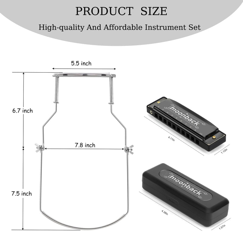 Harmonica Holder Set - 10 Hole Diatonic Blues Harmonica in C Key, Adjustable Holder for Beginners to Professionals Slivers