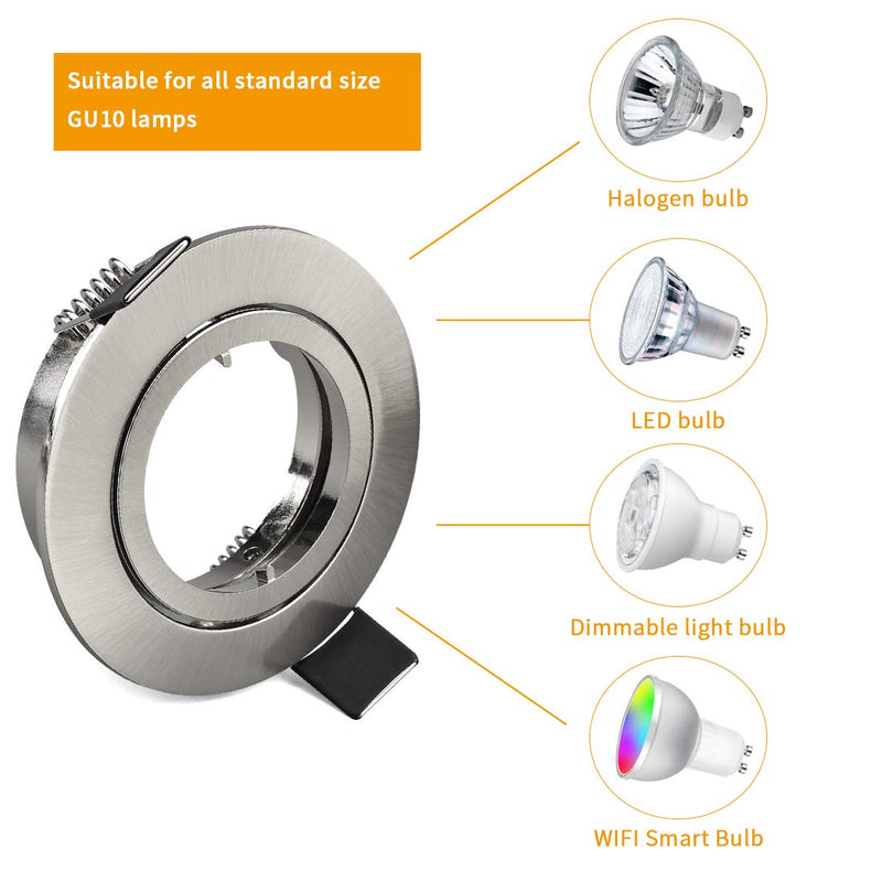 KYOTECH Set of 6 Recessed Light Frames, Recessed Spotlight Set - Mounting Frames in Brushed Aluminium Including GU10 sockets - Mounting Frames for GU10 Bulbs and LED Modules Brushed Nickel Schwenkbar,Aussendurchmesser 82mm