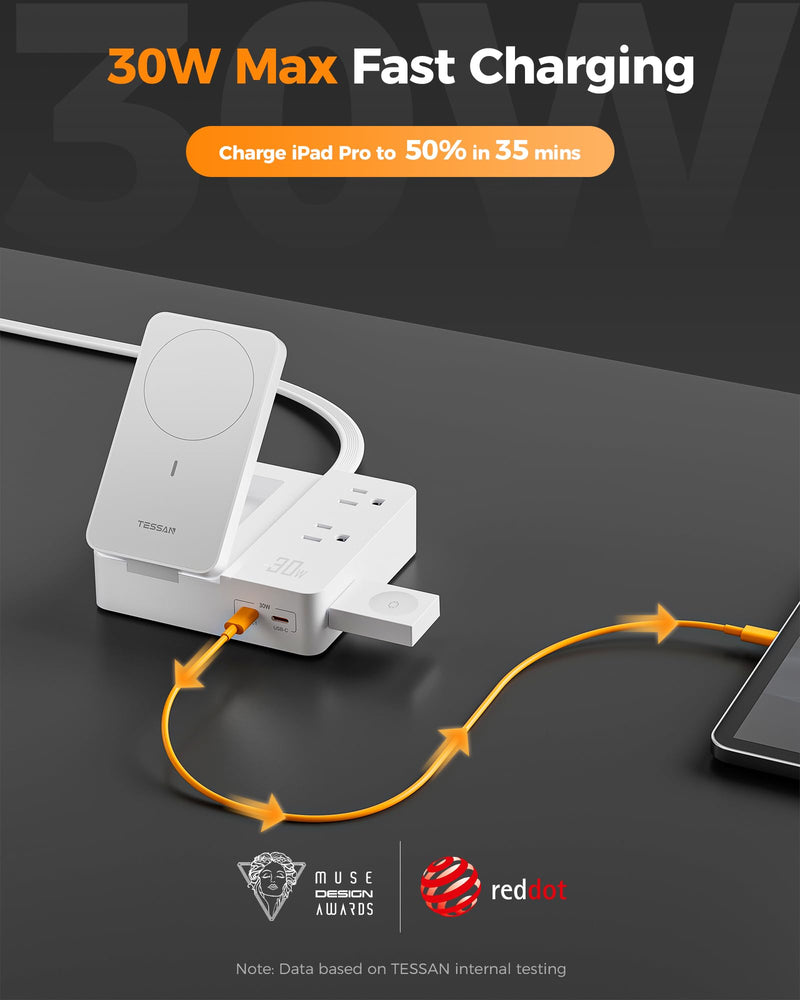 TESSAN 30W Charging Station USB Phone Charger with Wireless Charging | 2 USB C/1 USB A and 2 AC Outlet,for iPhone 17/16/15 Charging Stand, for Apple Watch Charging, Flat Plug, 5ft Cord, White