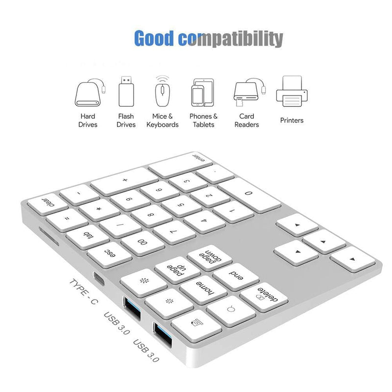 ASHATA Wireless Numeric Keypad,34 Keys Mini Portable Bluetooth Numpad,Ergonomic Bluetooth Numeric Keypad Aluminum Alloy HUB Type-C USB 3.0 Numeric Pad for Windows (Silver) Silver