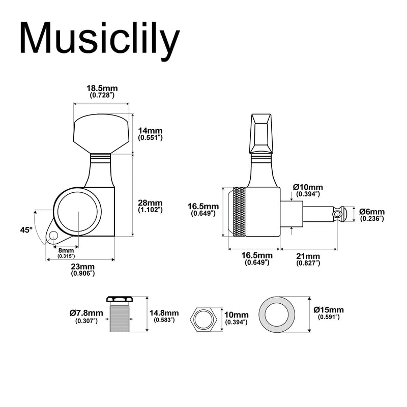 [AUSTRALIA] - Musiclily Pro Left-Handed 6-in-line 18:1 Ratio Full Sealed Locking Machine Heads Tuners Tuning Pegs Keys with Hex Button 45 Degree Screw for Strat Tele Style Electric Guitar, Chrome 6L Chrome 