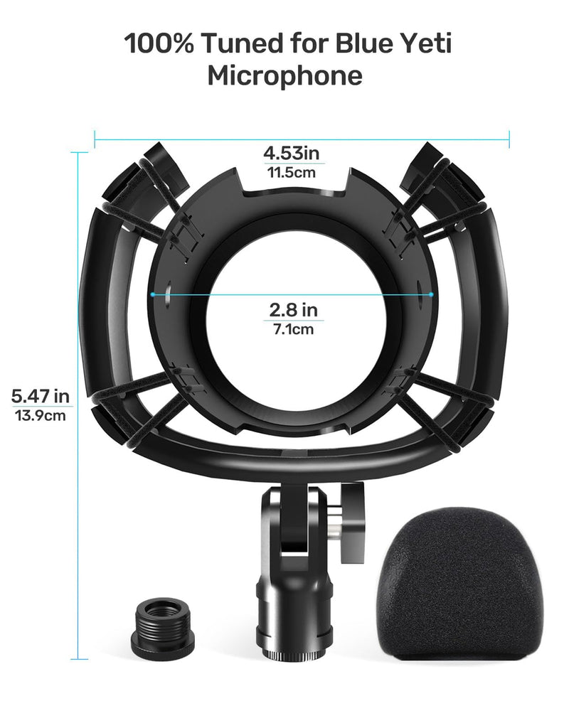 Custom Built for Blue Yeti Shock Mount with Pop Filter, 2025 Upgrade Anti-Vibration Suspension Elastic Shock Mount Holder Clip Mics Stand with Screw Adapter Compatible with Yeti Microphone Blue Yeti Shock Mount with Windscreen