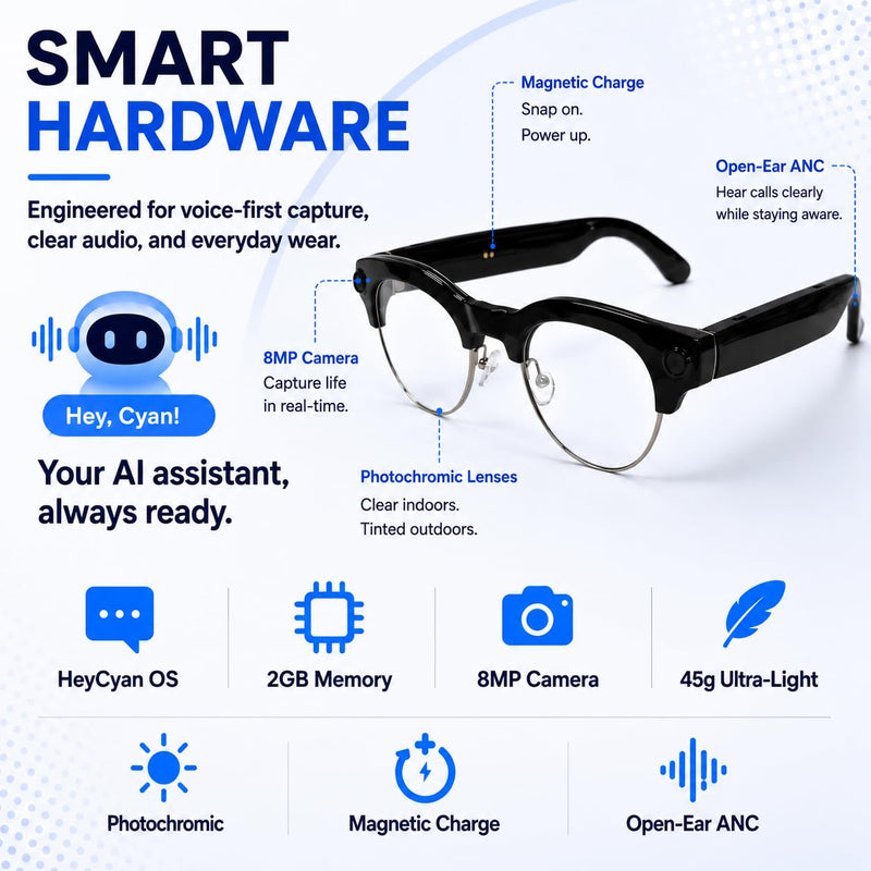 AI Smart Glasses with Camera for Play Music Work Travel Translation | 8MP camera, 1200P video, voice control, real-time translation, object recognition, photochromic lenses and AI assistant