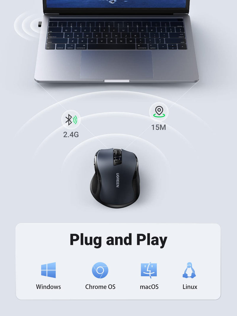 UGREEN Wireless Mouse, Ergonomic Mouse 5-Level 4000 DPI 6 Buttons, 2.4G USB Cordless Silent Mice with Nano Receiver, Wireless Mouse for Laptop, Computer, PC, MacBook, Chromebook - Black