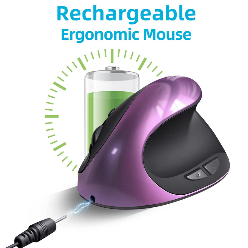 Ergonomic Mouse Wireless,Rechargeable Vertical Mouse with 6 Buttons 3 Adjustable 800/1200/1600 DPI for Laptop, Desktop, PC, MacBook (Purple) Purple