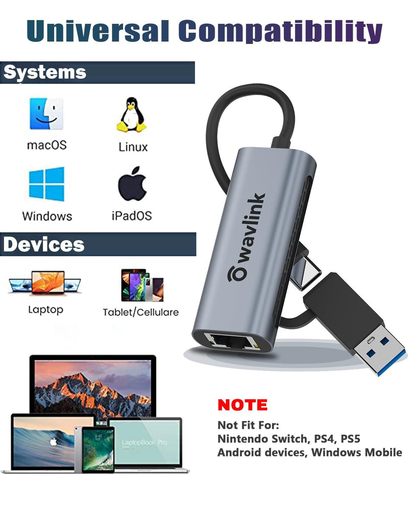 [AUSTRALIA] - Wavlink USB C to Ethernet Adapter 2.5 Gbps, 2-in-1 USB to 2.5G Ethernet Adapter, USB-C to RJ45 Network Converter (Thunderbolt 4/3 Compatible), Aluminum Case for Windows, Mac OS, iPad OS and More. 2.5GbE 