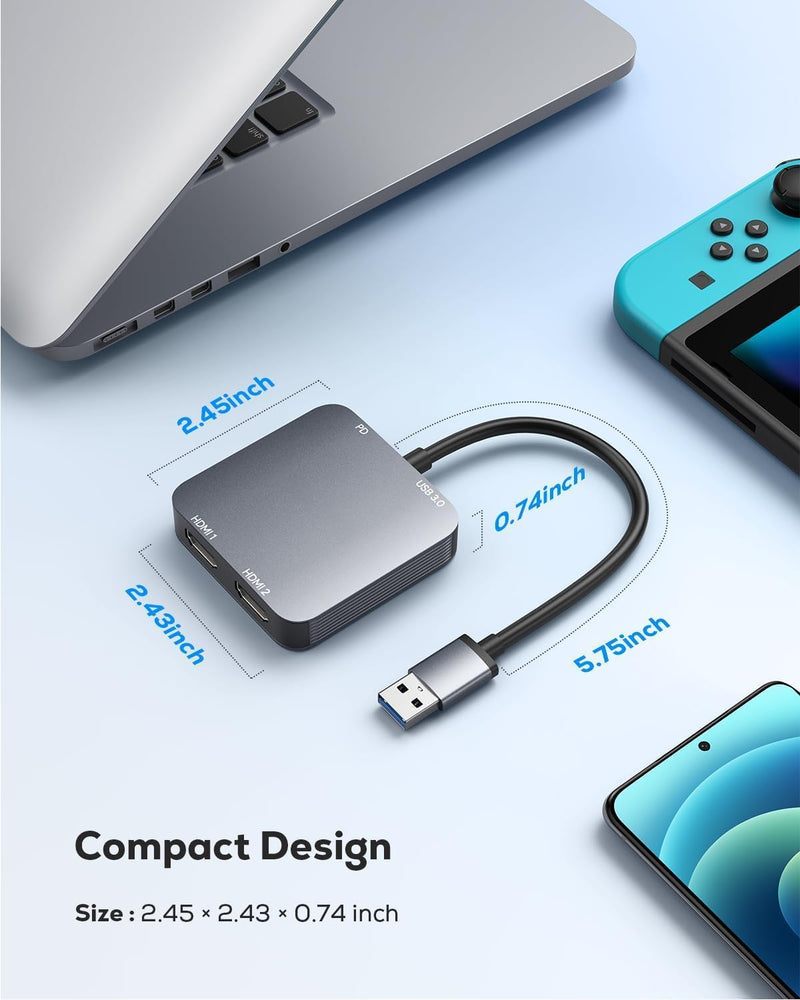 [AUSTRALIA] - ABLEWE USB 3.0 to Dual HDMI Adapter with USB 3.0 Port, HDMI to USB Audio Video Graphics Converter Cable for Laptop Monitor Desktop TV, Compatible with Mac OS, Windows 02 cm 