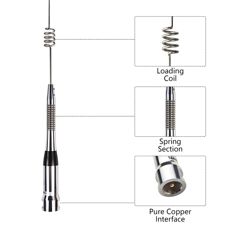 Dual Band Mobile Antenna 70cm 2meter VHF/UHF (144 / 430MHz) Stainless Steel Aerial PL-259 (UHF-Male) Connector for Repeater Ham Mobile Radio Transceiver
