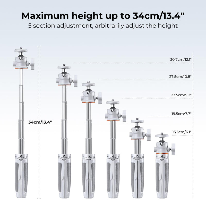 K&F Concept Selfie Stick Tripod, 360 Degree Rotation Mini Phone Stand with Ball Head and Cold Shoe Mount, Cellphone Holder with Wireless Remote for Smartphone White