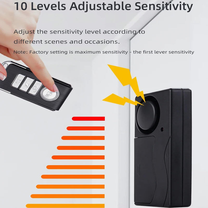 [AUSTRALIA] - Mengshen Wireless Anti Theft Vibration Door Window Alarm Motion Sensor with 2 Remote Control Burglar Alarm for Bicycle EBikes Scooter Car 110dB Loud (4 Sensors with 2 Remote Control) 